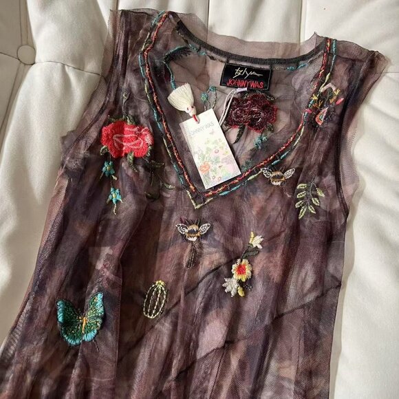 NWT $395 JOHNNY WAS BIYA Nyah Embroidered Mesh Maxi Tank Dress Size S - Picture 3 of 14